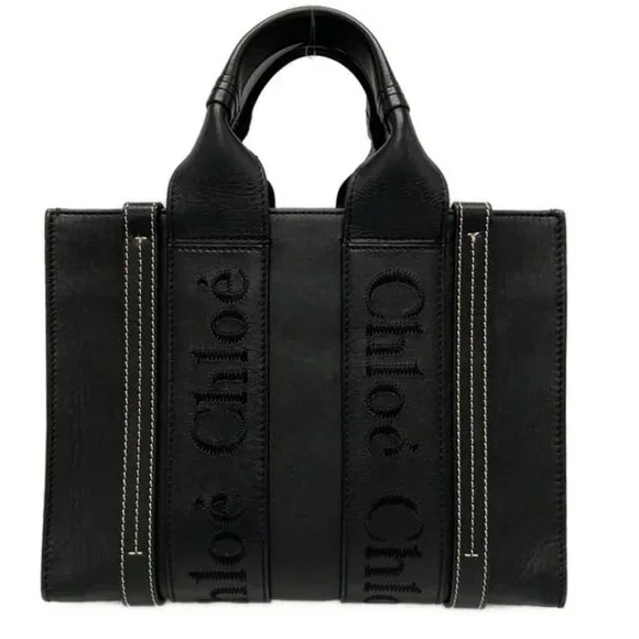 Auth Chloe Woody Small Tote Bag Black Smooth Calfskin - Picture 1 of 10